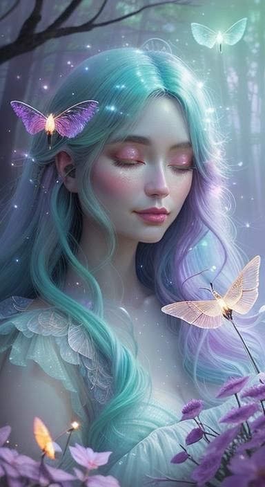 Ethereal Figure in Firefly Forest: Fantasy Illustration