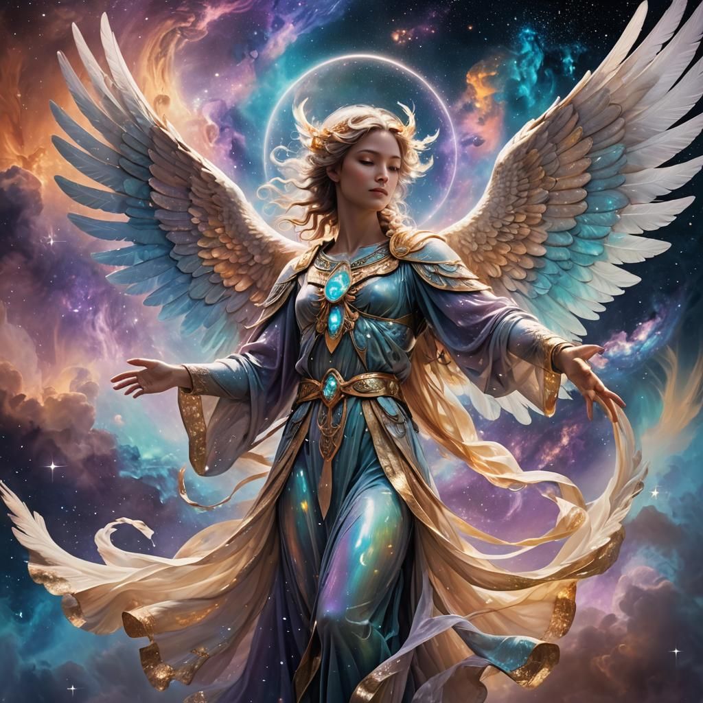 Majestic Seraph Floats Amidst Swirling Nebula