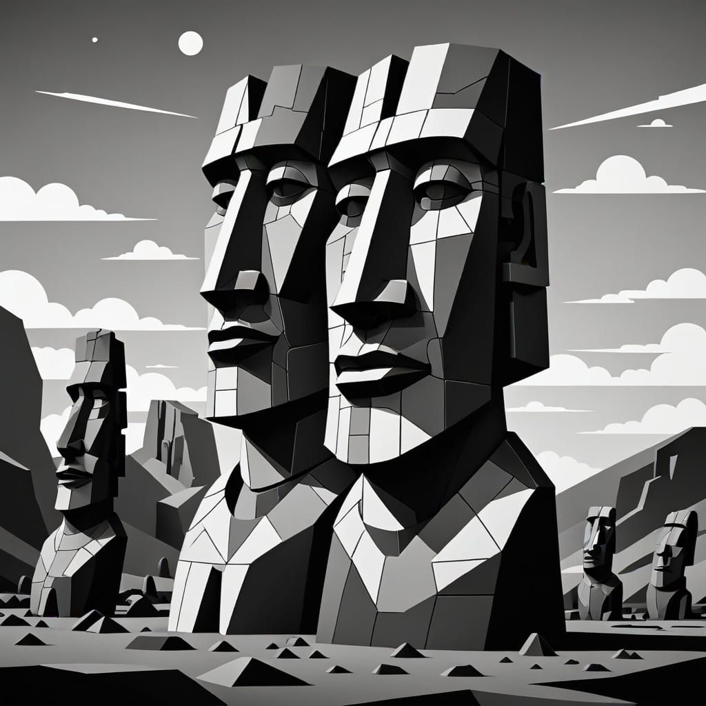 Moai Statues in Geometric Cubist Art Deco Style