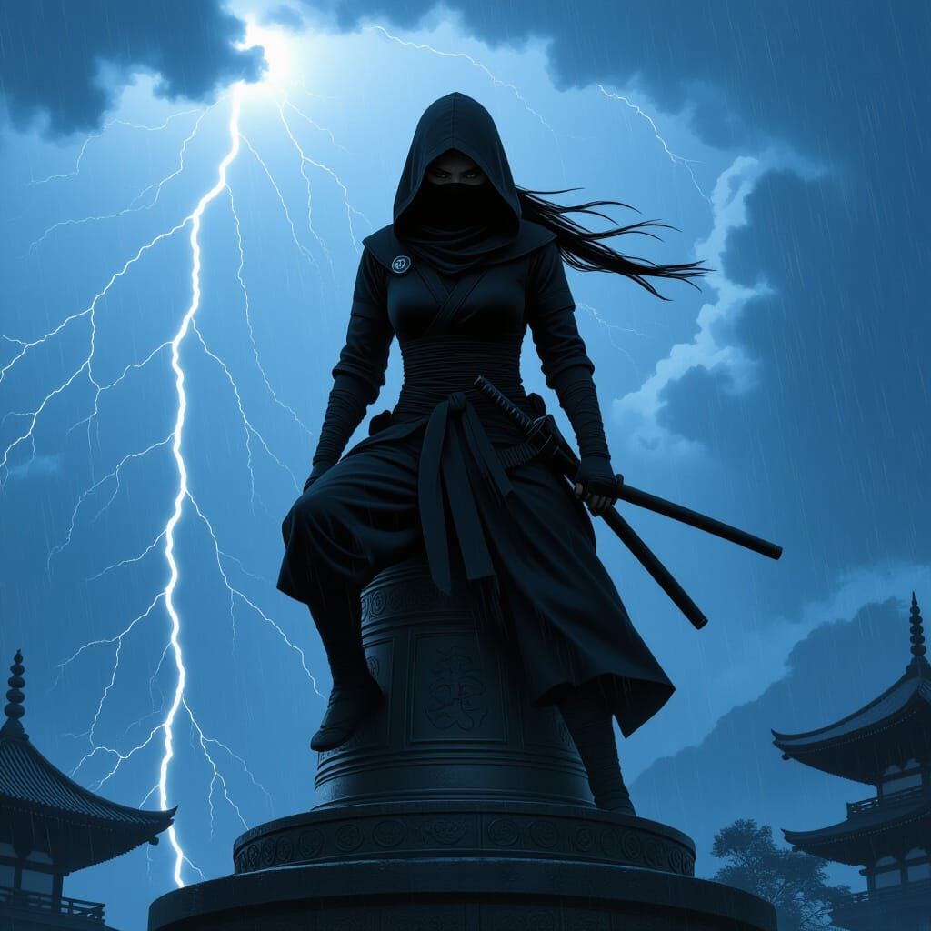 Ninja on Bell Tower in Ominous Weather