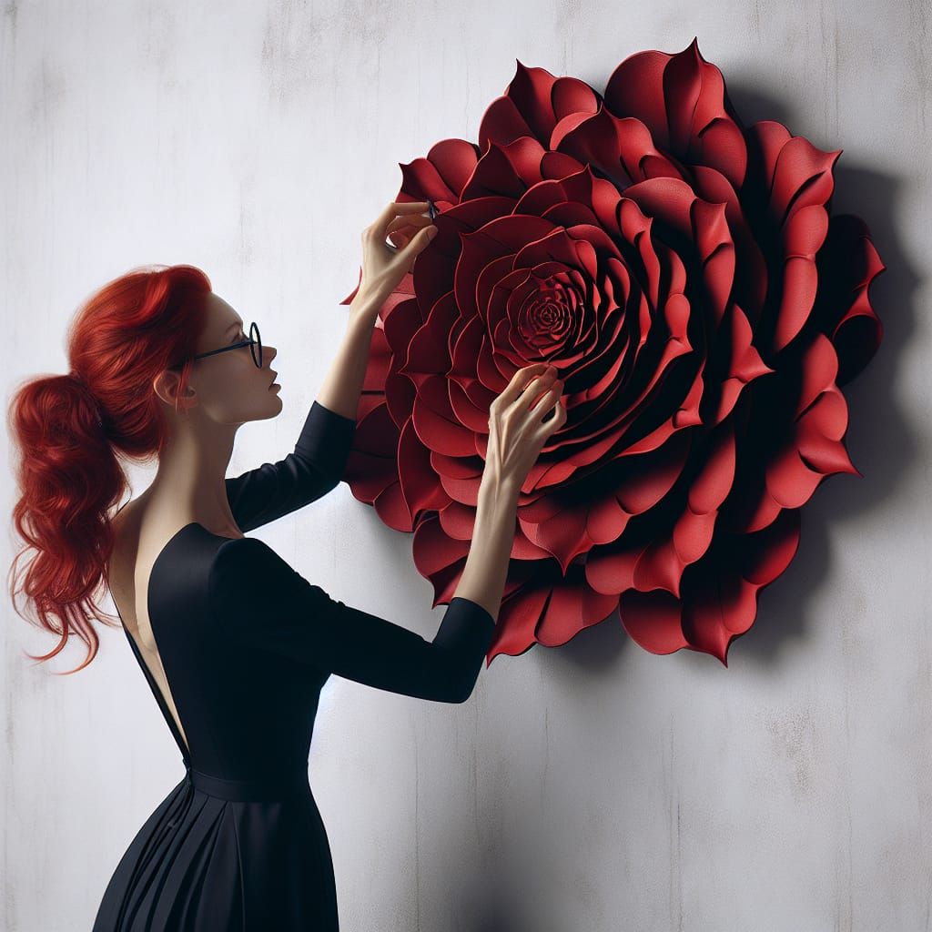 A woman with red hair is attaching a large, artistic red rose sculpture to a white wall. She's wearing a black dress and...