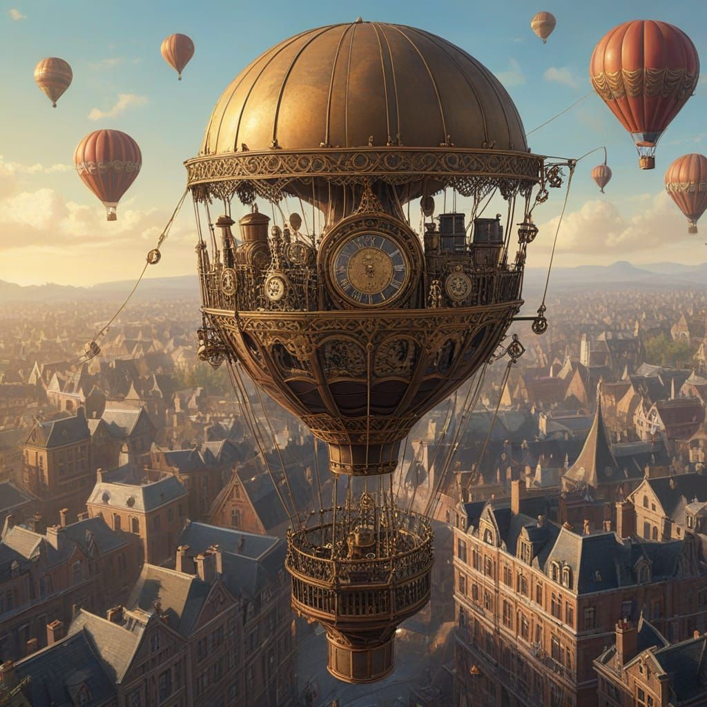 Steampunk Hot Air Balloon Above Victorian City
