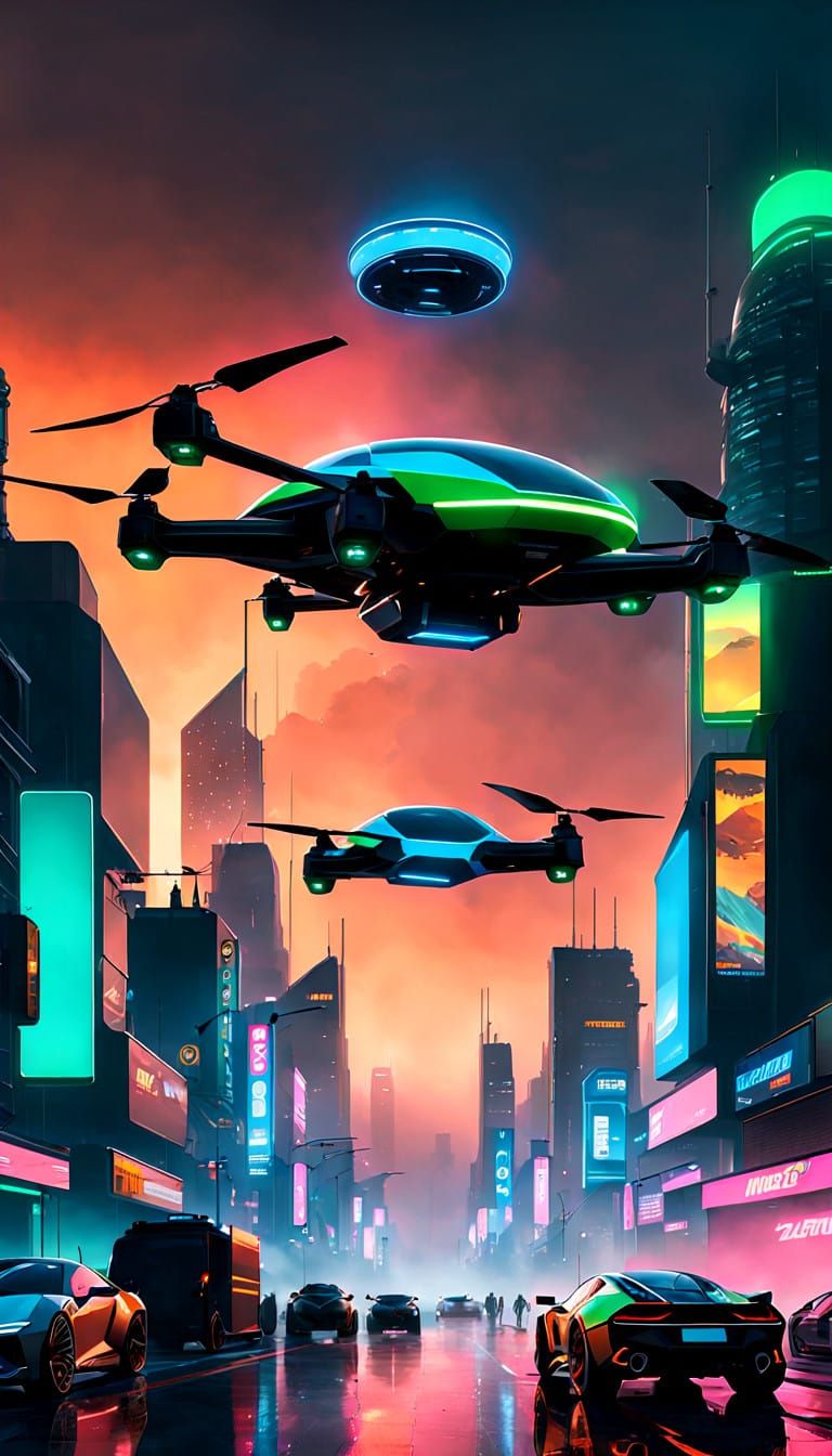 Glowing Cityscape in Cyberpunk 2099 Evening