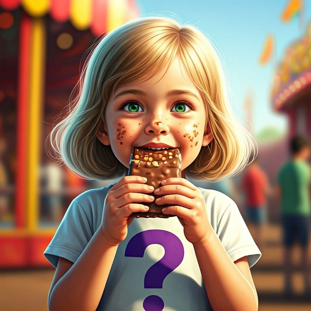 Joyful Girl Indulges in Chocolatey Treat at Whimsical Carniv...