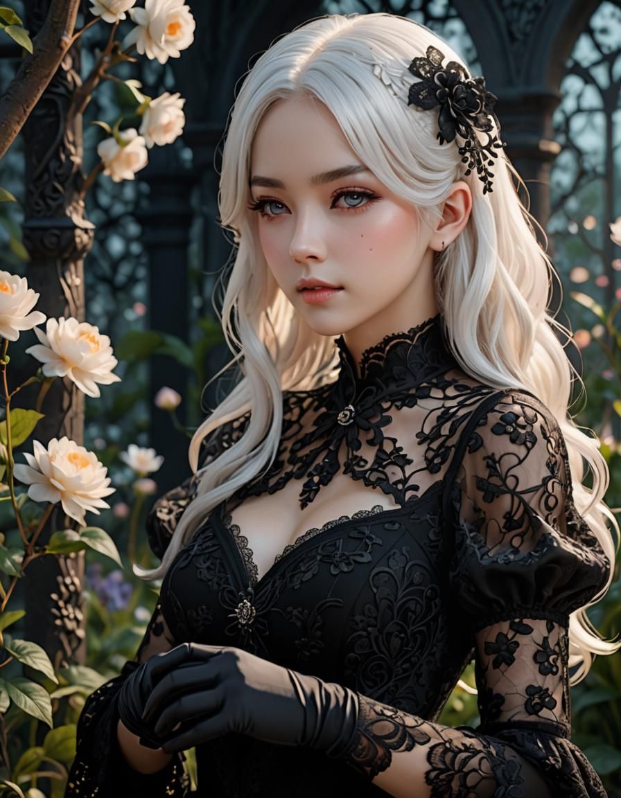 Anime Portrait: Woman in Lace in a Dreamy Garden