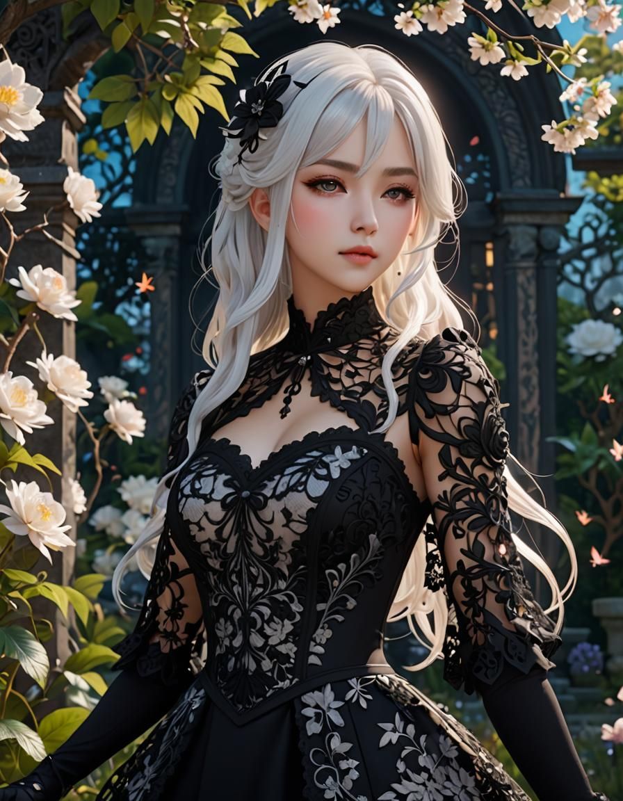 Anime Woman in Lace Dress in Mystical Garden