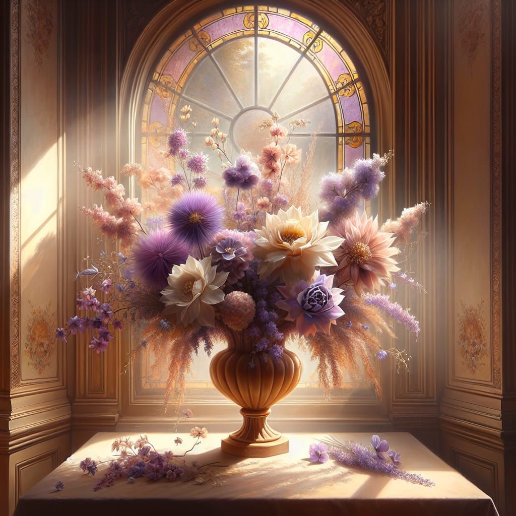 Purple and Pink Flowers in Vase, Airbrush Art