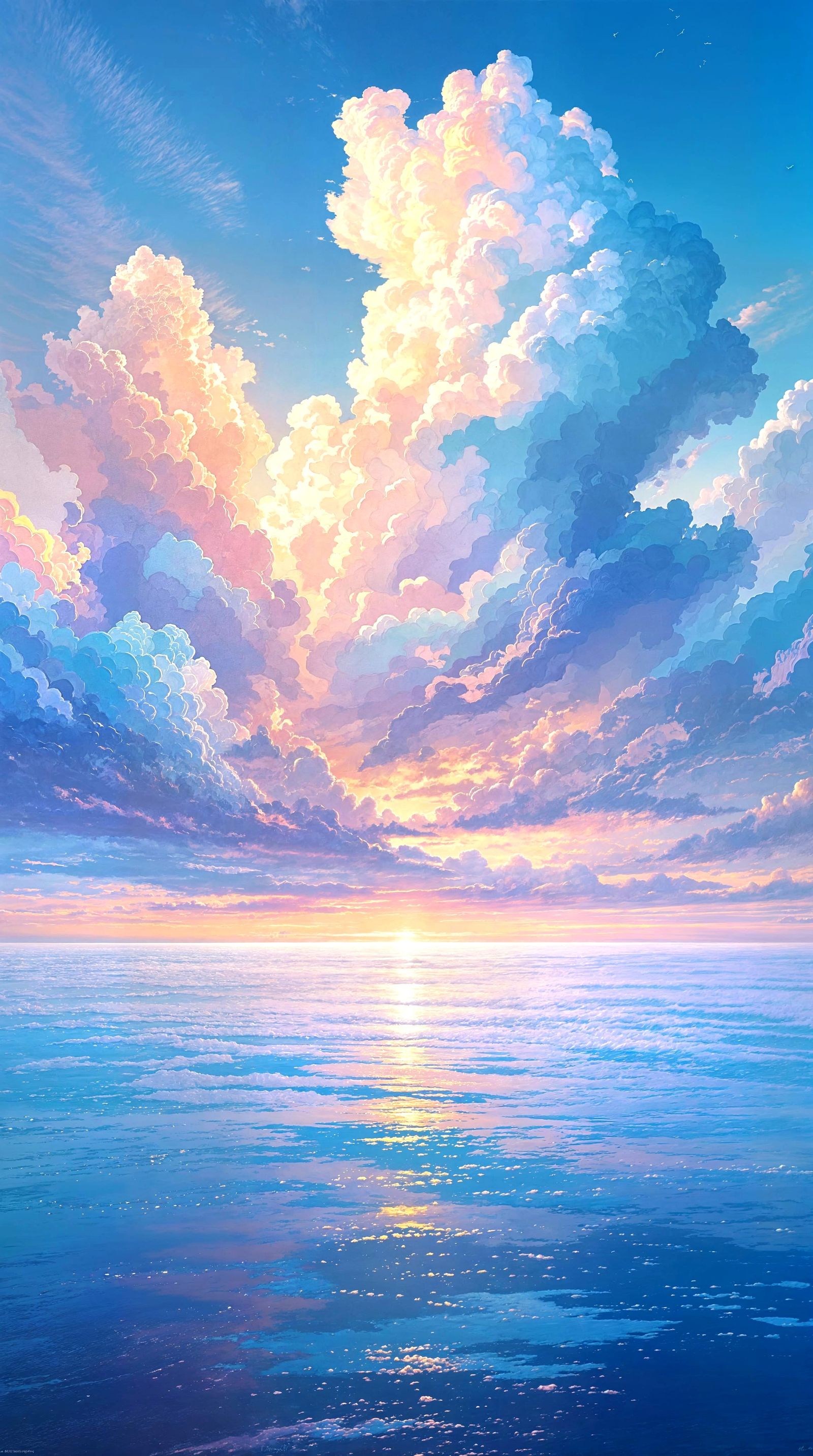 Winter Ocean: Ethereal Oil Painting with Iridescent Clouds