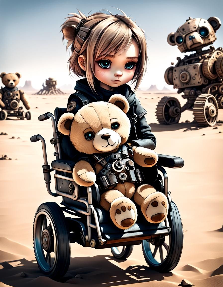 Chibi Girl with Teddy Bear in Dystopian Wasteland