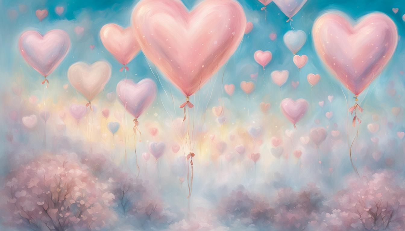 Heart Balloons Float in Whimsical Pastel Fantasy