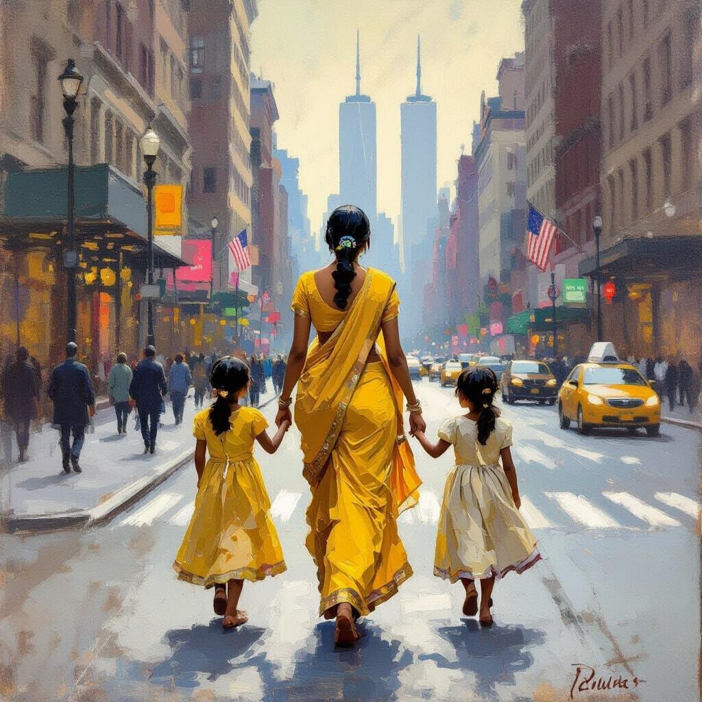 Indian Family in NYC Street, Degas Style Painting