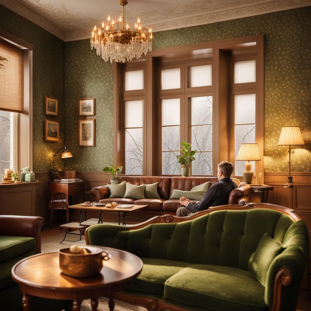 Cozy Vintage Room With Brown Sofa and Green Wallpaper