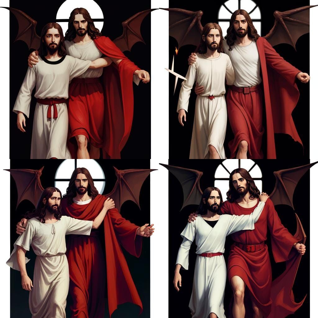Jesus and Satan Walking Arm in Arm