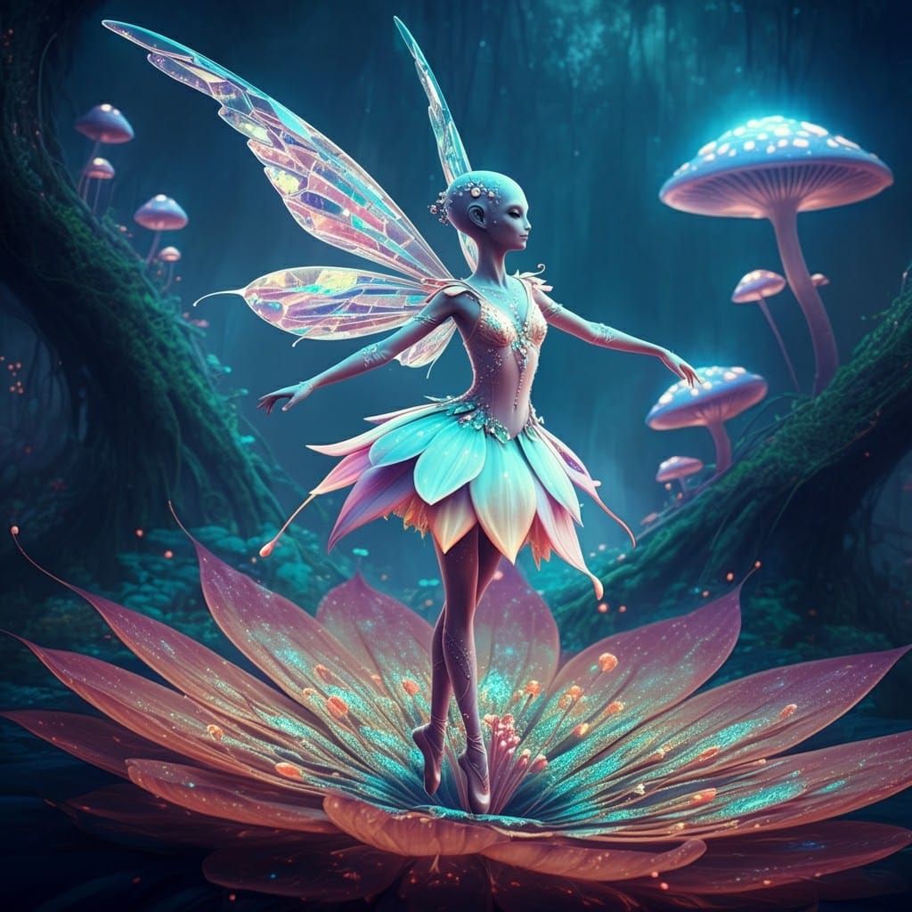 Iridescent Alien Fairy Dances in Dreamlike Landscape