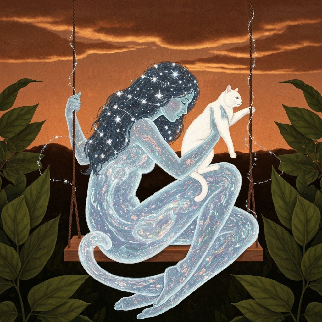 Ethereal Woman Holding Cat in Plasma Portal