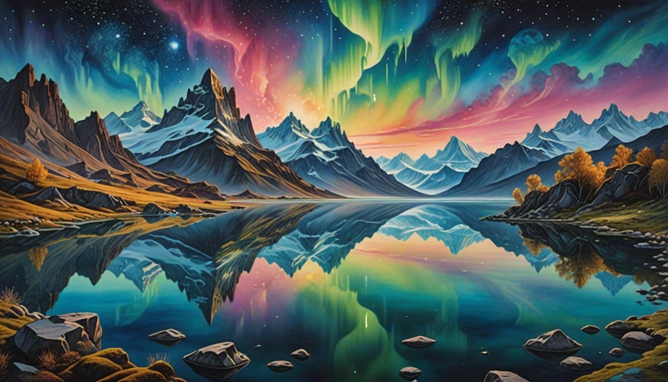 Crystal Lake Reflecting Auroras in Surrealist Style