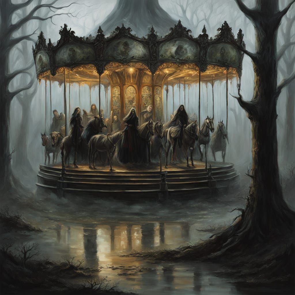 Midnight Carousel in Foggy Forest