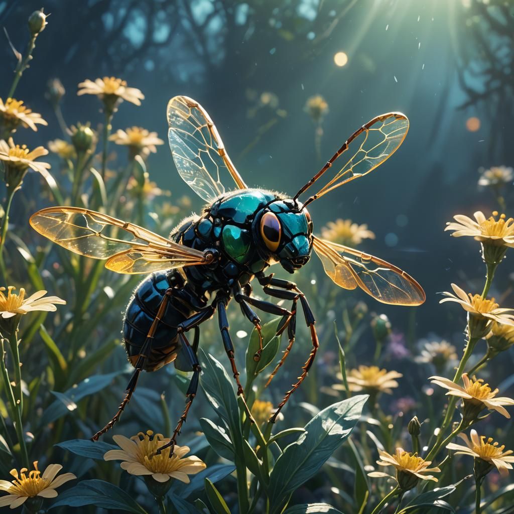 Diamond Wasp on Iridescent Flower, Digital Art
