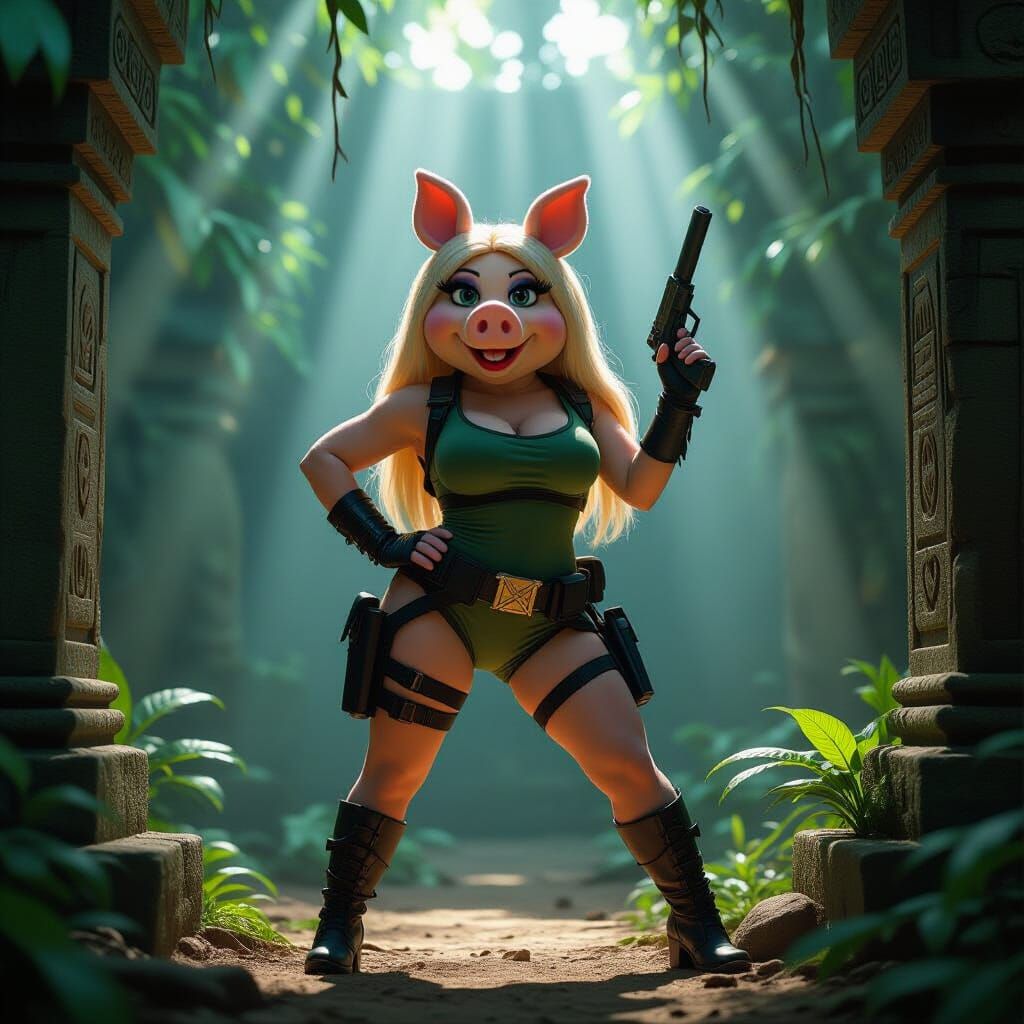 Miss Piggy dressed as Lara Croft, realistic photo, cinematic...
