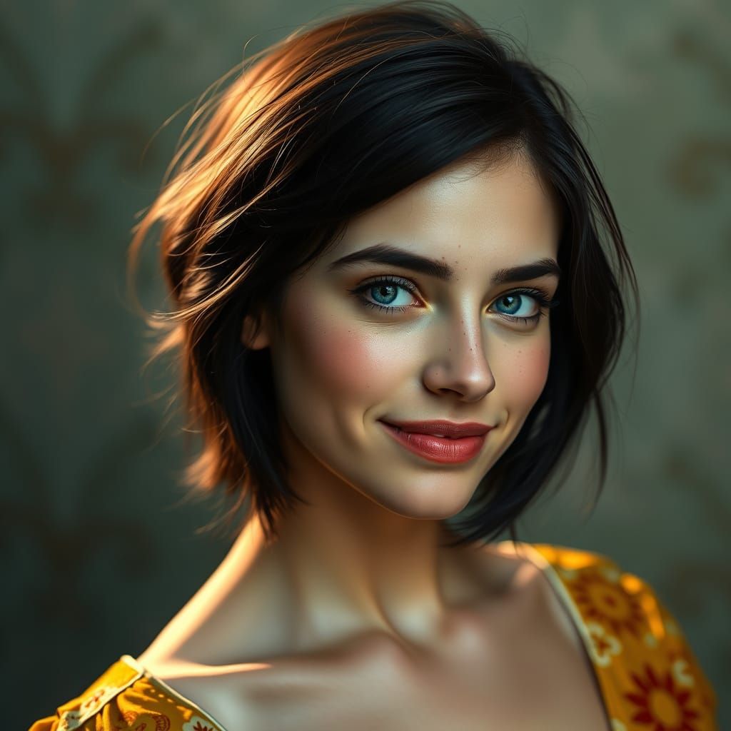Portrait of a Woman with Dark Hair and Unique Smile
