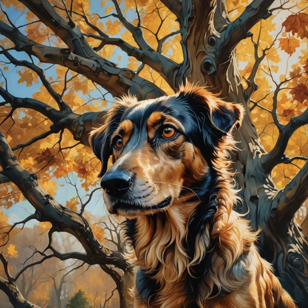 Dog Gazing at Tree: Vibrant Oil Painting