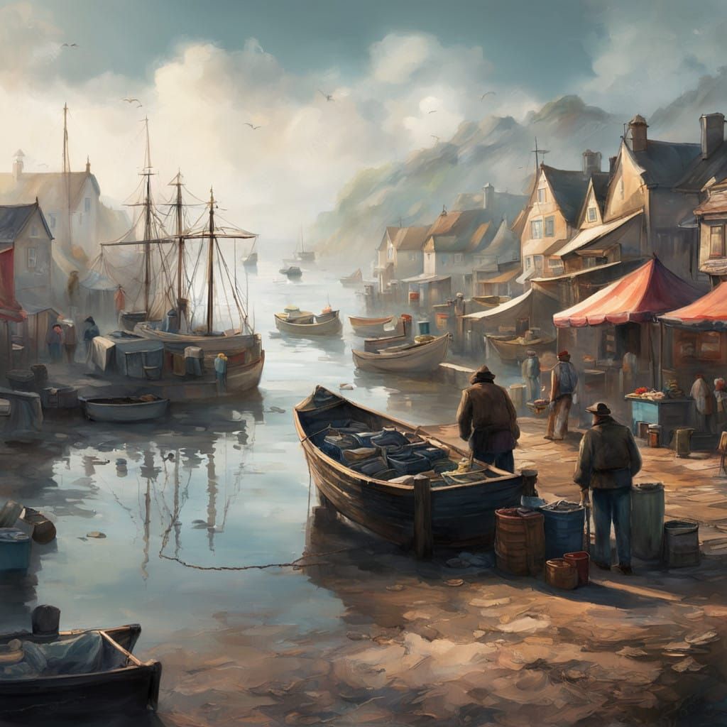 Weathered Fisherman Prepares Vessel Near Quaint Village Fish...