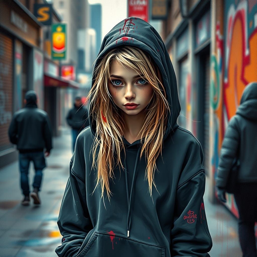 Distressed Girl Hiding in City Graffiti Art