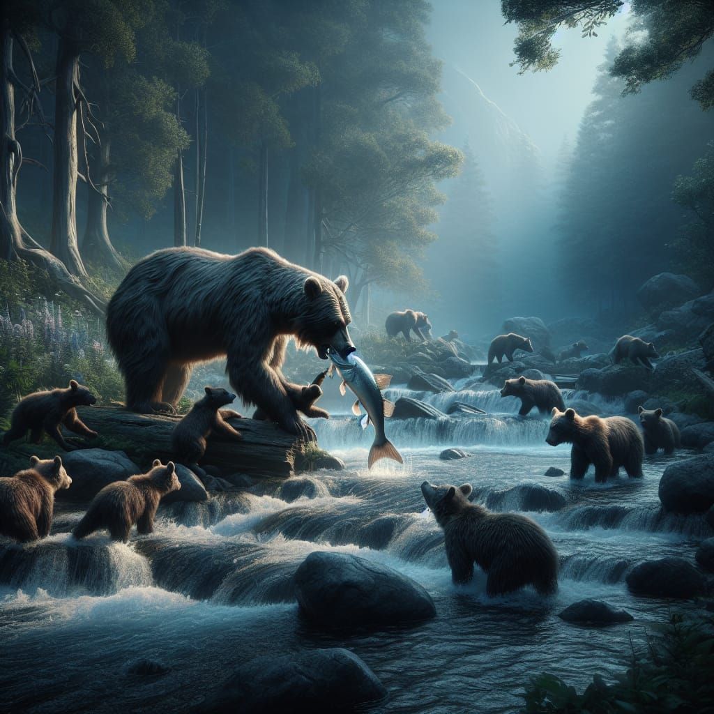 Bear Family Fishing: Hyperrealistic Digital Matte Painting