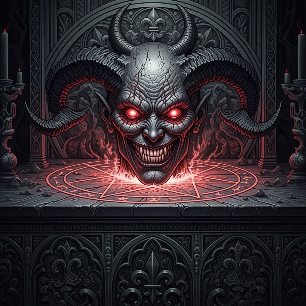 Demonic Face Emerges from Satanic Altar in Deep Colors Illus...