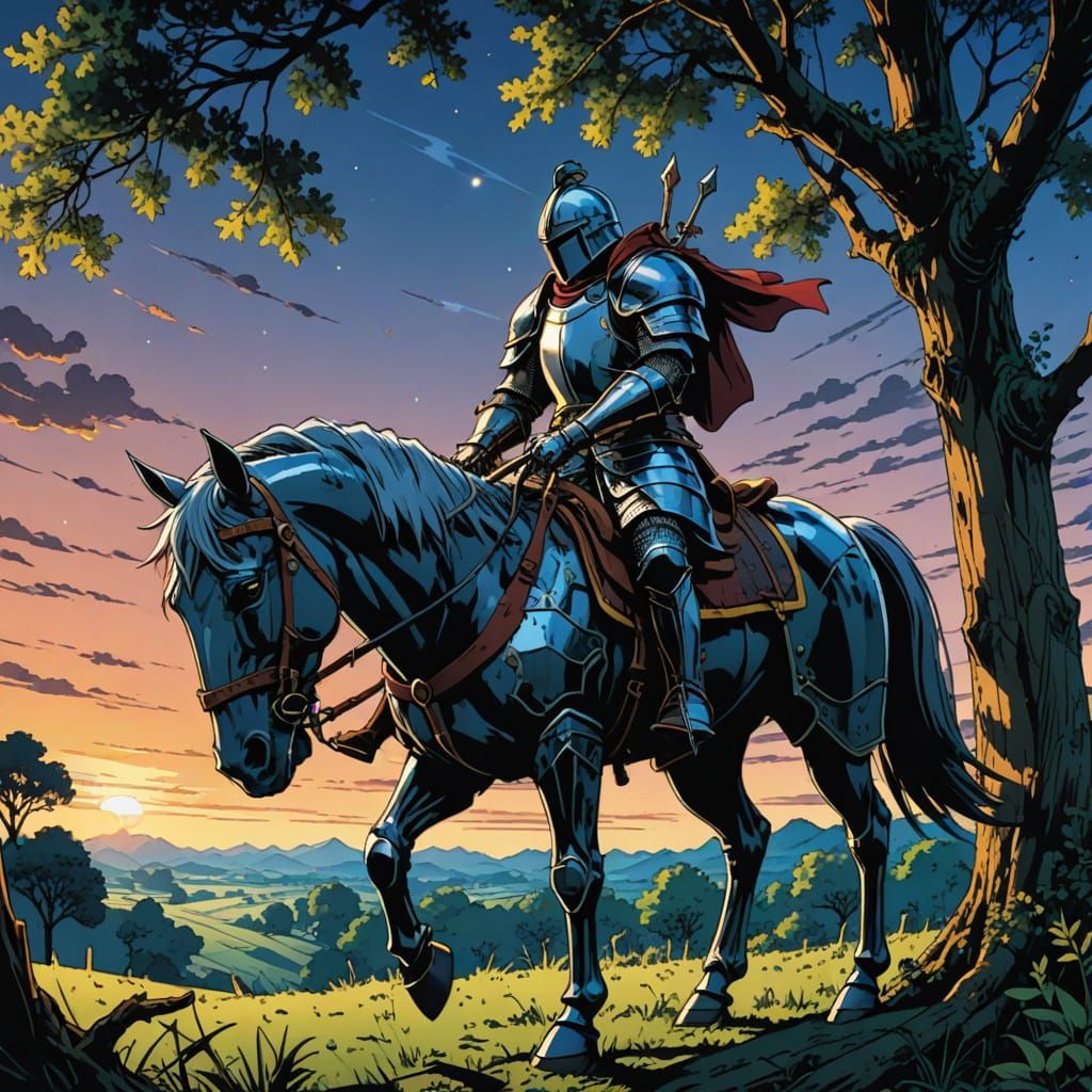 Knight in Armor Hangs from Tree Branch in Manga Style