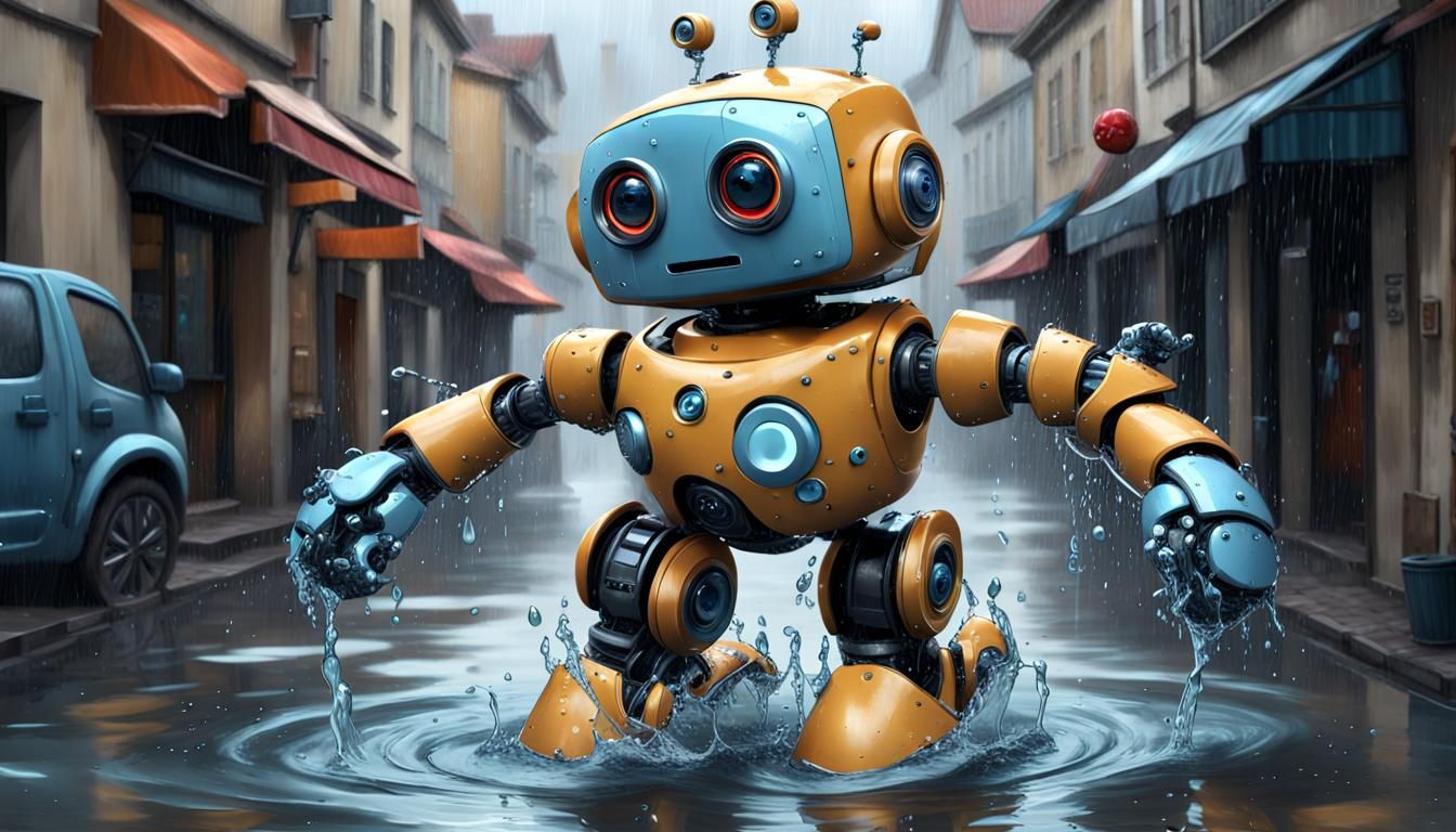 Cute Robots Jumping in Puddle: Hyperrealistic 3D Art