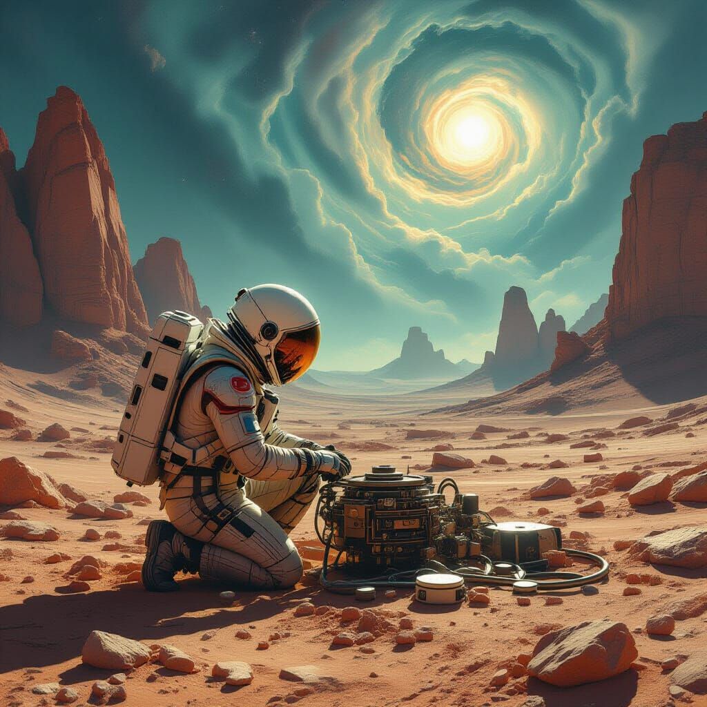 Astronaut Repairs Machinery on Alien Planet in Western Style