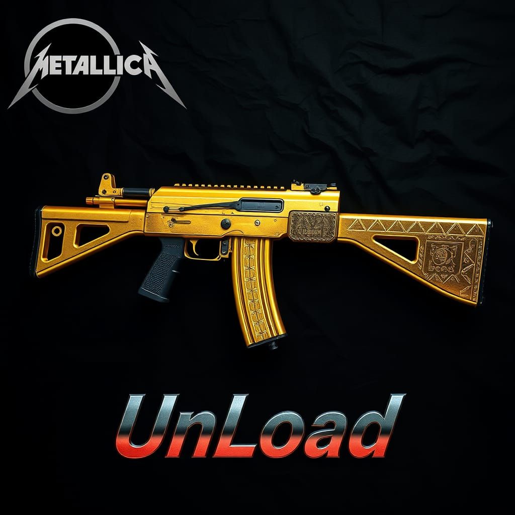 Golden AK-47 with Metallica Logo, Fantasy Art