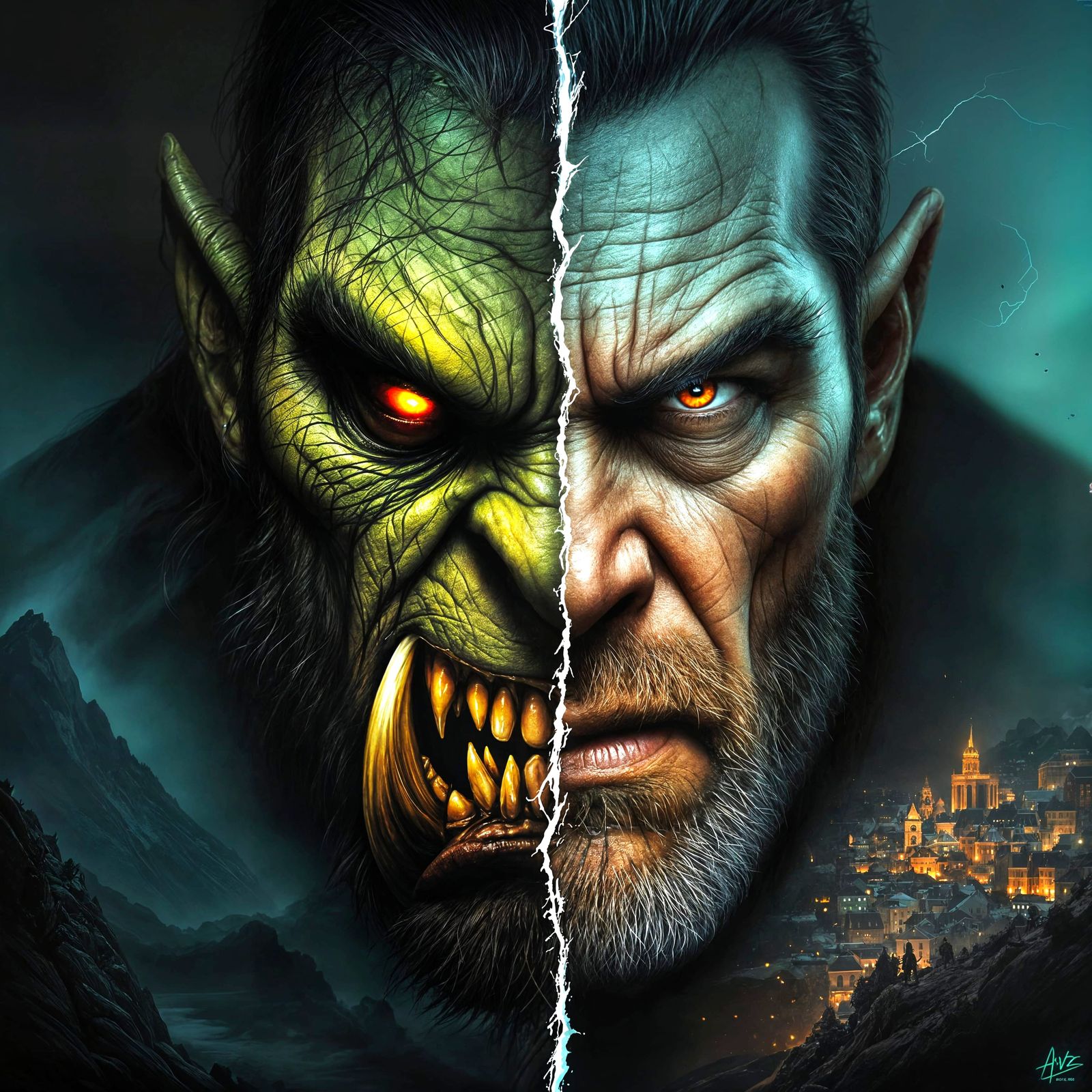A dramatic movie-poster style artwork of an Orc split perfec...