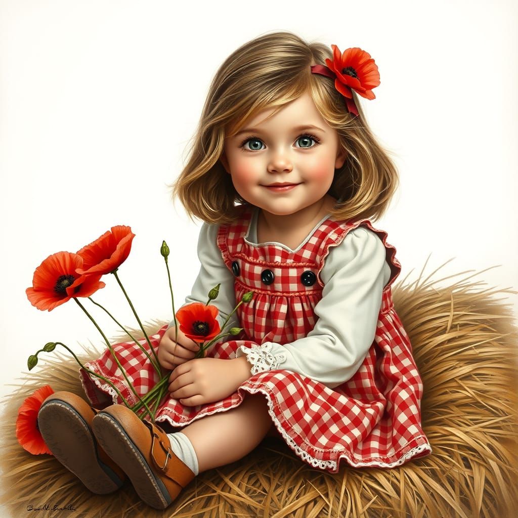 Charming Peasant Girl in Red Checkered Dress with Red Poppie...