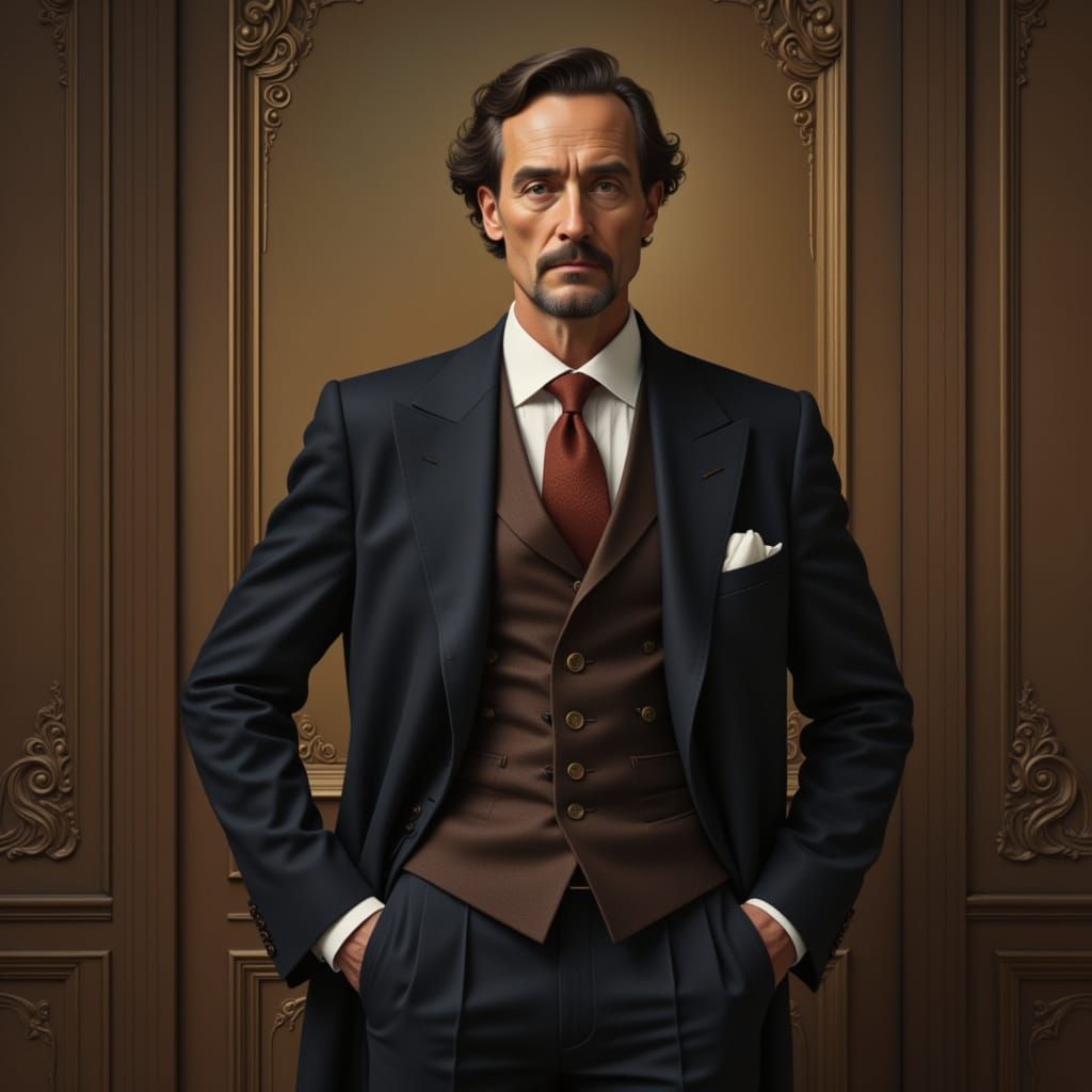 Dignified Man in Suit: Folk Art Nouveau Portrait