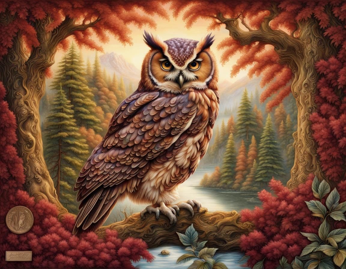 Fluffy Owl Portrait in Decoupage Style