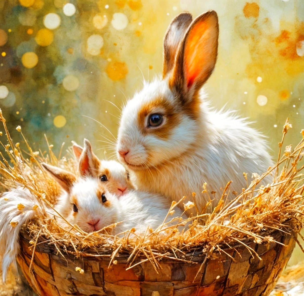Fluffy Bunnies in Cozy Wash Basket - Watercolour Painting