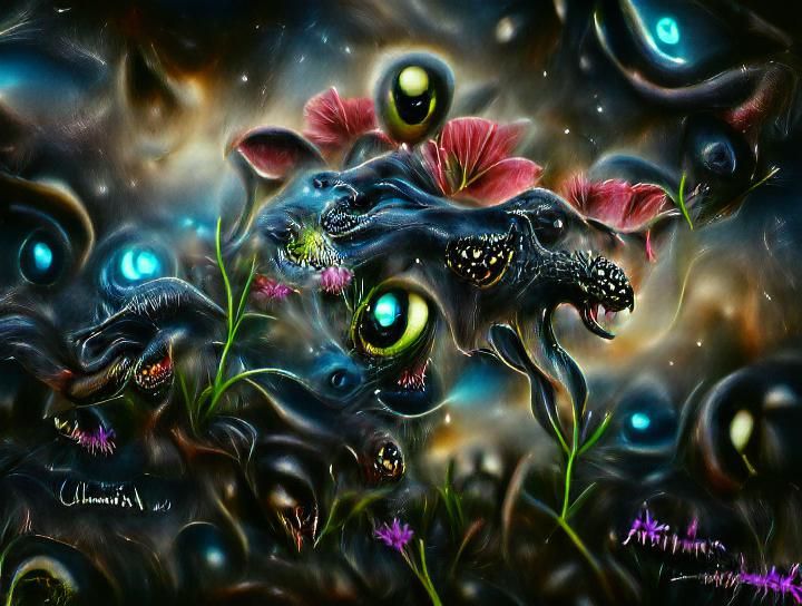 Luminescent Alien Chimera in Floral Landscape