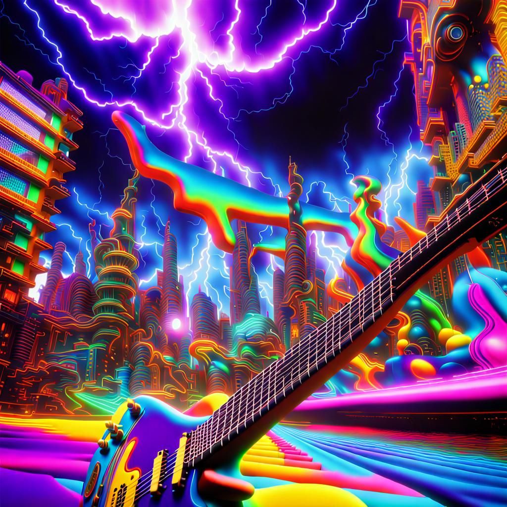 Futuristic Cityscape Electric Guitar Album Cover Art