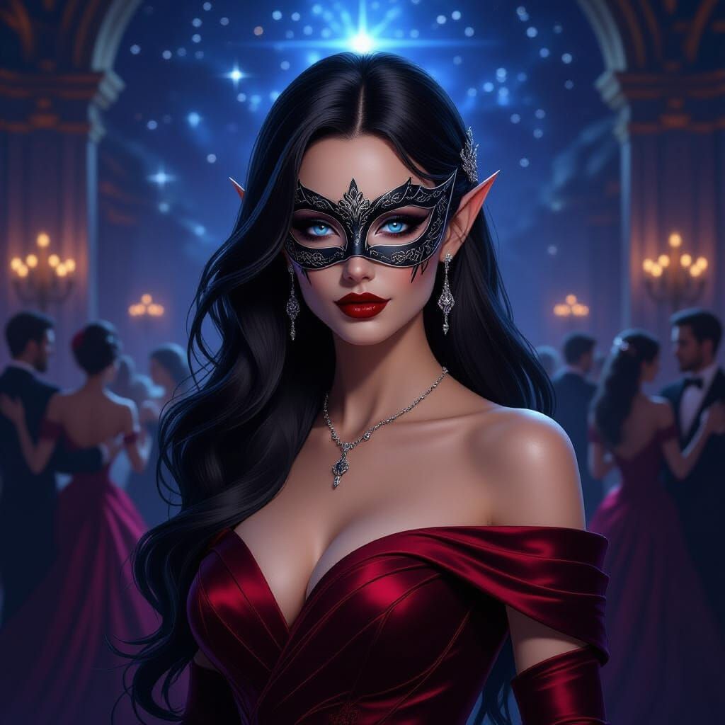 Elegant Vampire Elf Woman in Masquerade Ball Gown