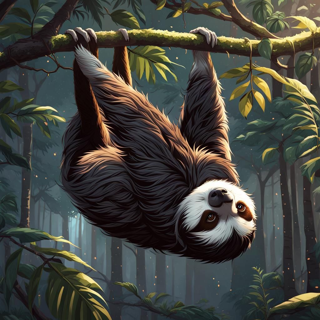 Sloth Hanging Upside Down: 3D Anime Art