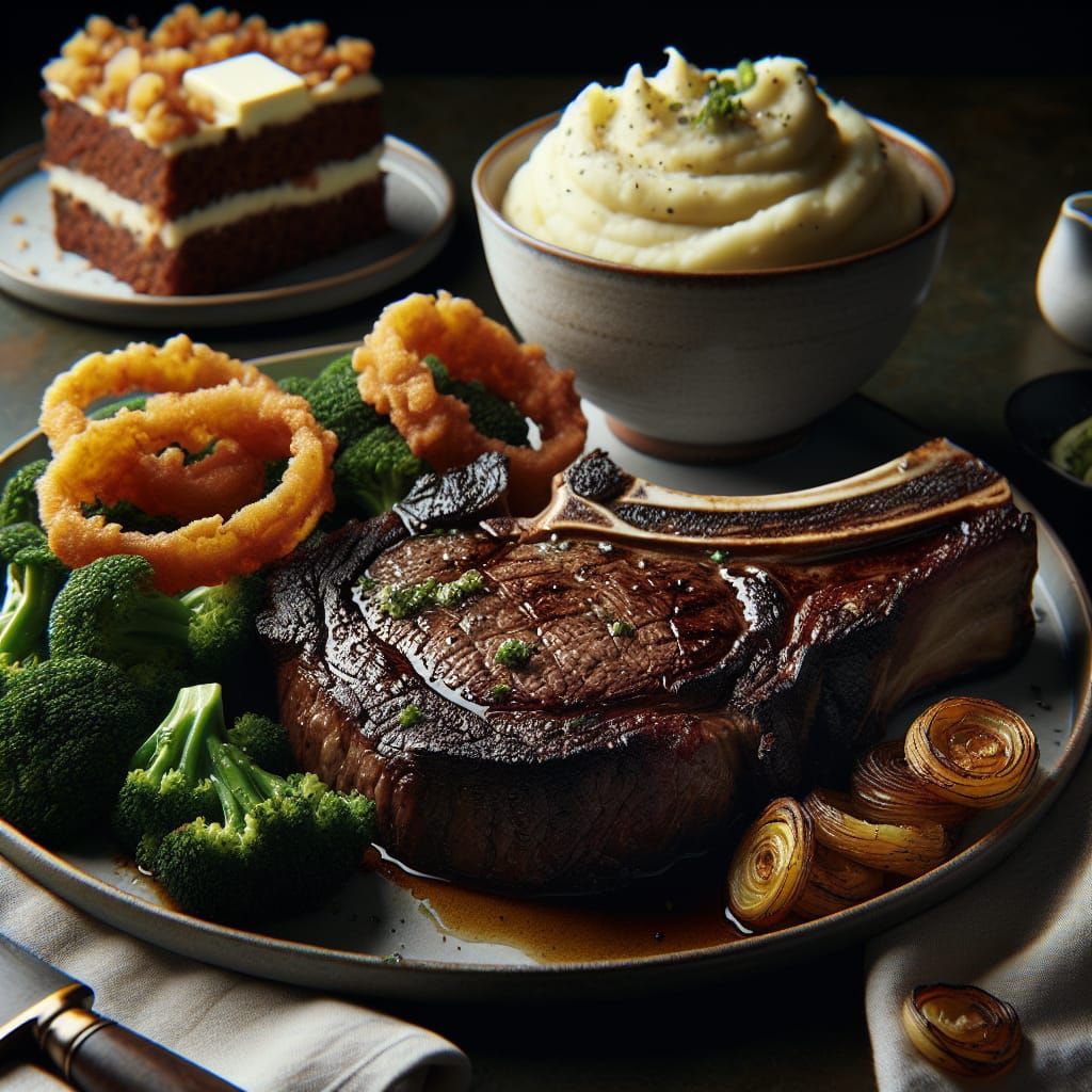 Gourmet Steak Dinner with Caramelized Edges and Whipped Pota...