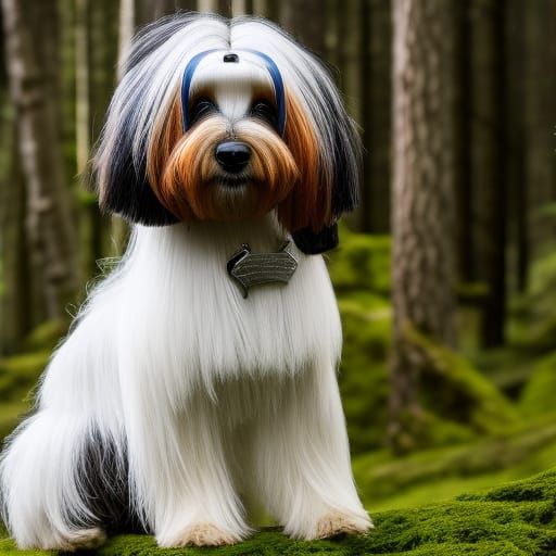 tibetan terrier, robotic style, standing in a forest, realistic, magical surroundings, mythical, ultra detailed, 8k reso...