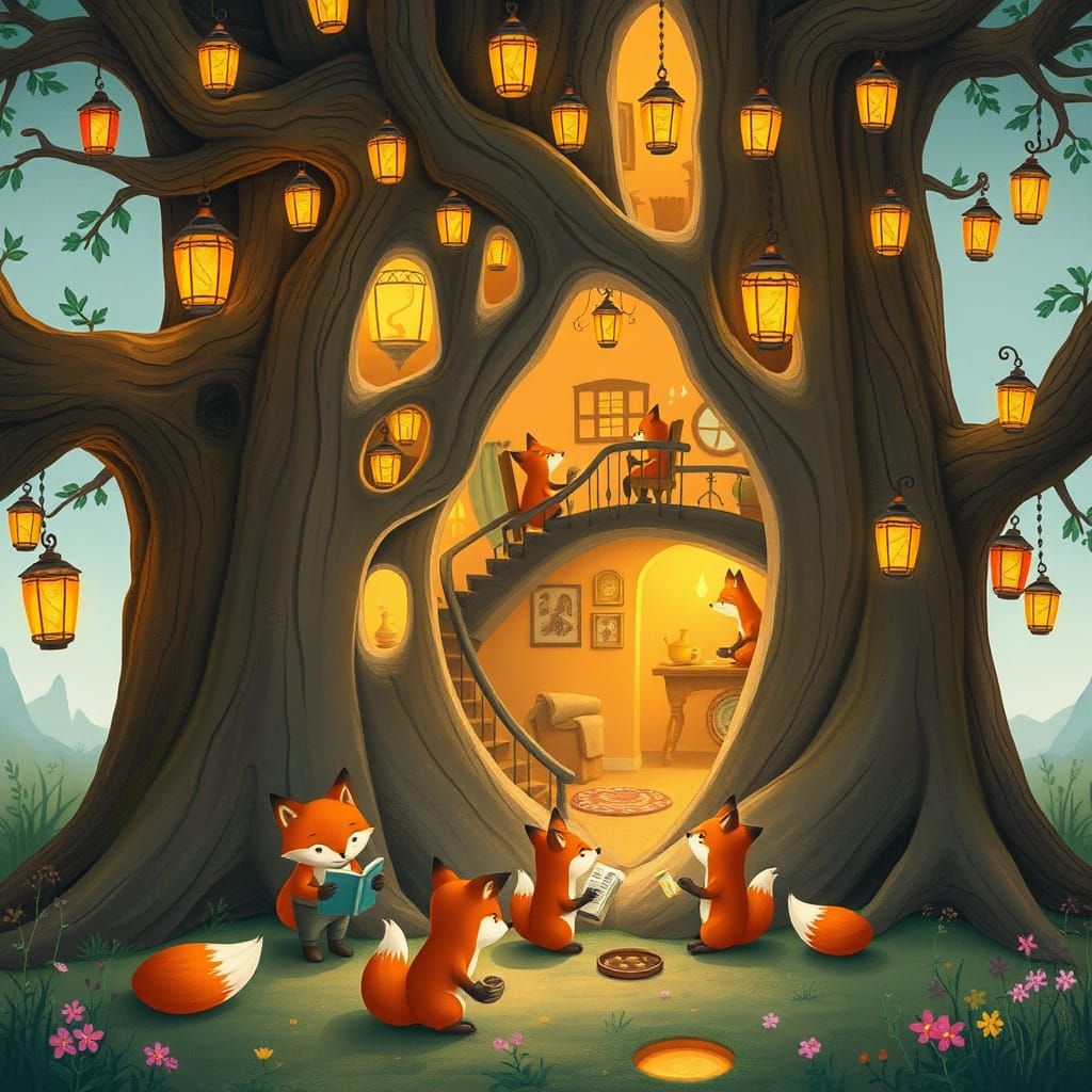 Fox Family Living in a Hollow Tree: Storybook Art