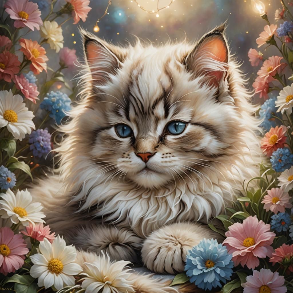 Sleeping Kitten Surrounded by Flowers, Ethereal Oil Painting