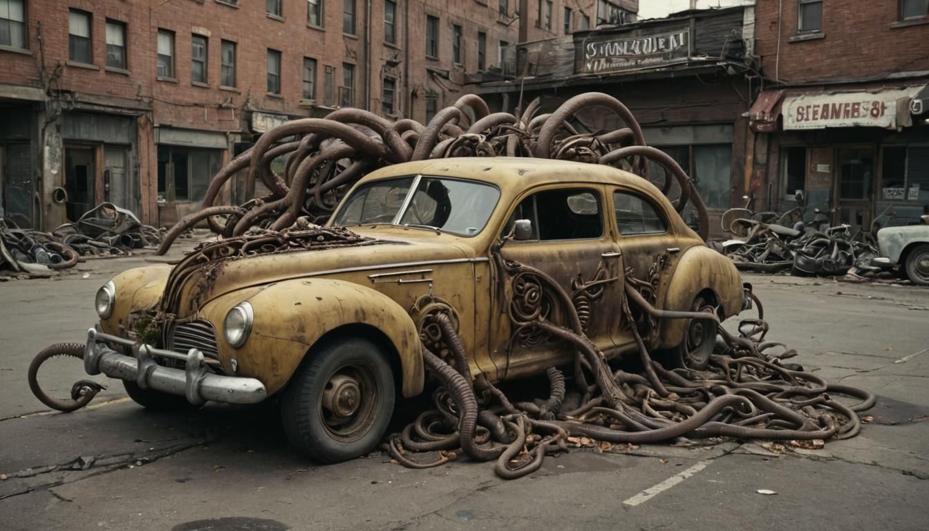 A rusty, vintage 1940s car sits abandoned in a post-apocalyp...