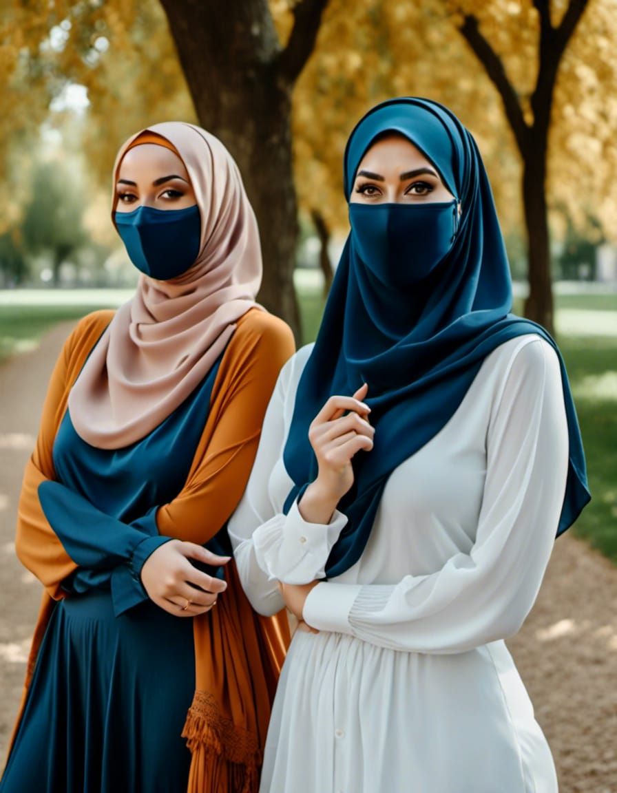 Two Hijabi Women Chatting in a Park, Watercolor