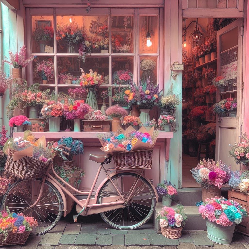 Nostalgic Pink Flower Shop with Vintage Bicycle