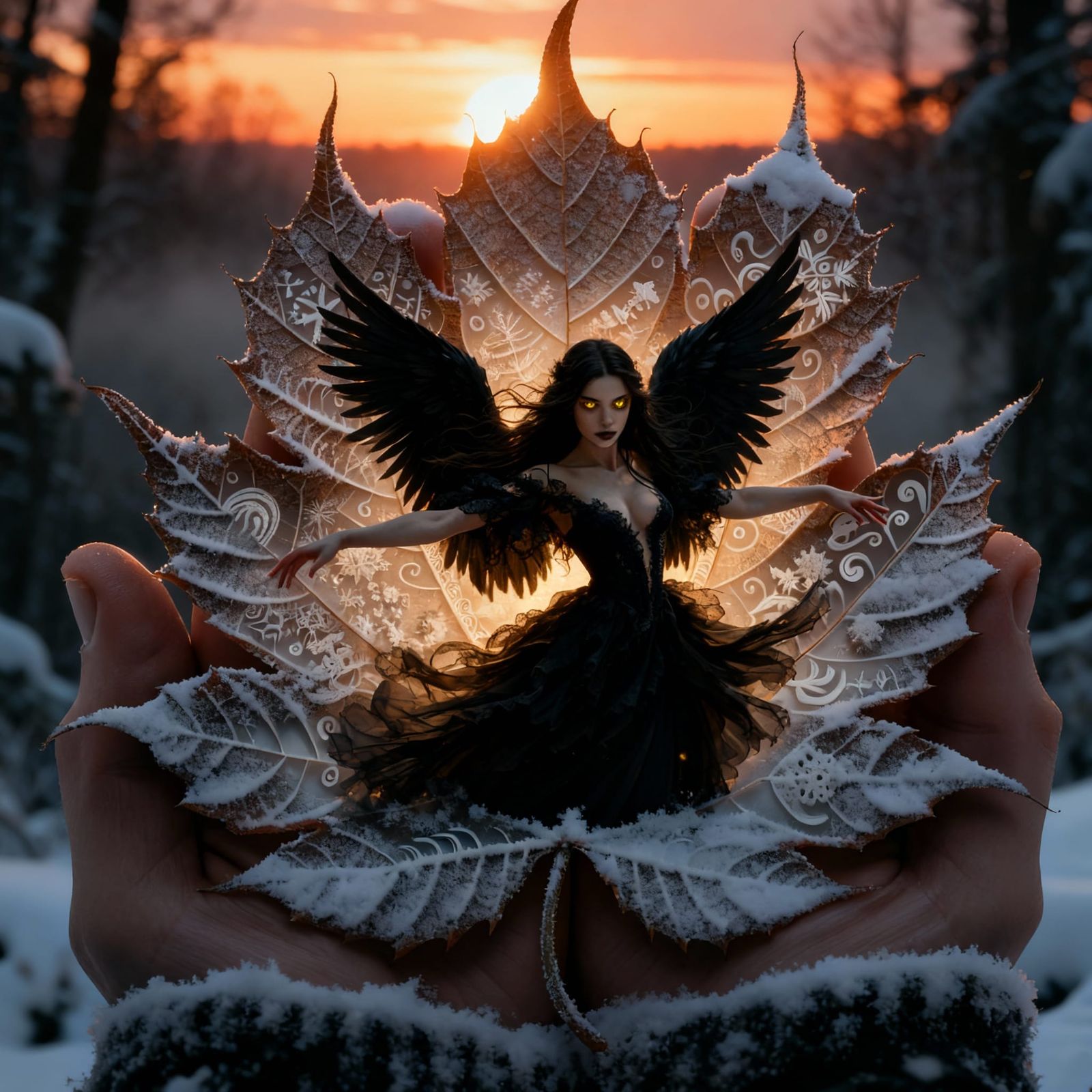 Angel With Black Wings in Snowy Leaf at Sunset